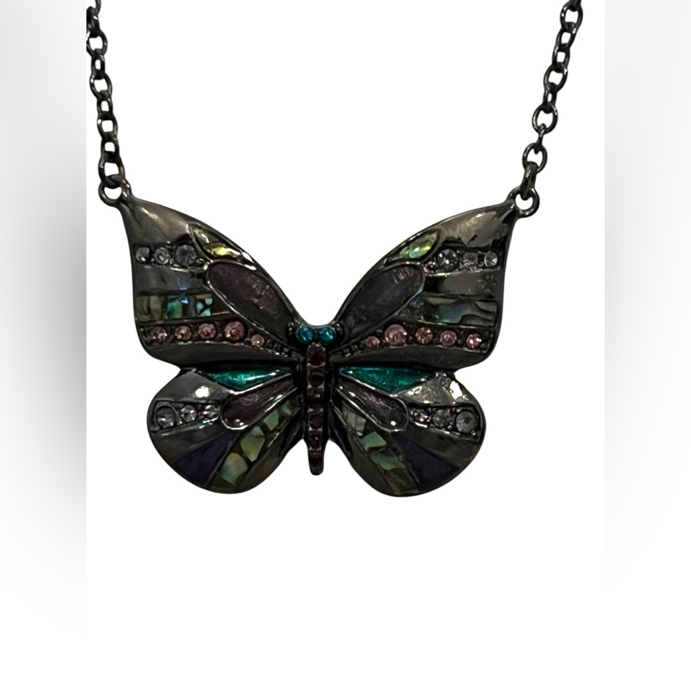 Signed Designer PIERRE LANG Necklace Black BUTTERFLY Pendant Colorful Crystals
